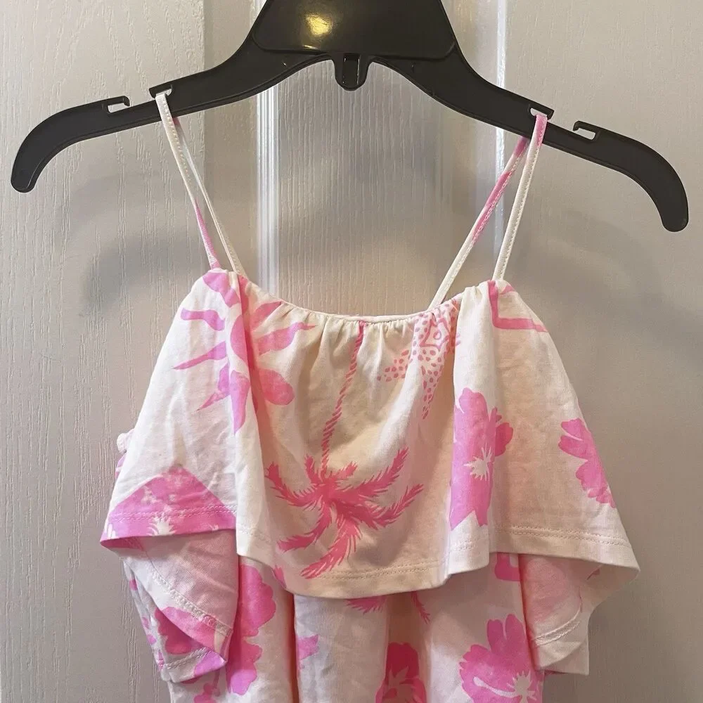 Zara Girls Pink Tropical Ruffle Crop Tank Floral Hawaiian Palm Trees SZ 8-9 NWT
